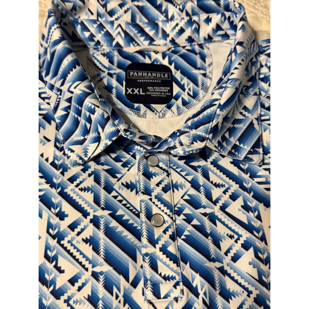 Panhandle Performance Mens XXL Blue White Aztec Southwestern Snap Polo Shirt - Picture 6 of 13